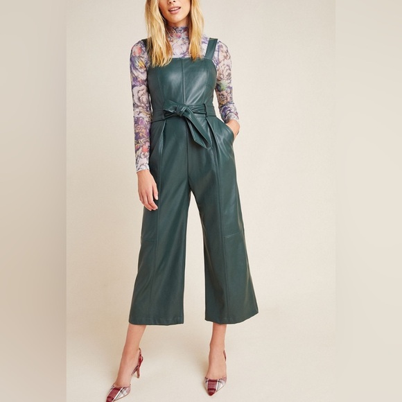 Anthropologie Pants - Anthropologie‎ Samira Green Faux Leather Wide Leg Jumpsuit Size 2